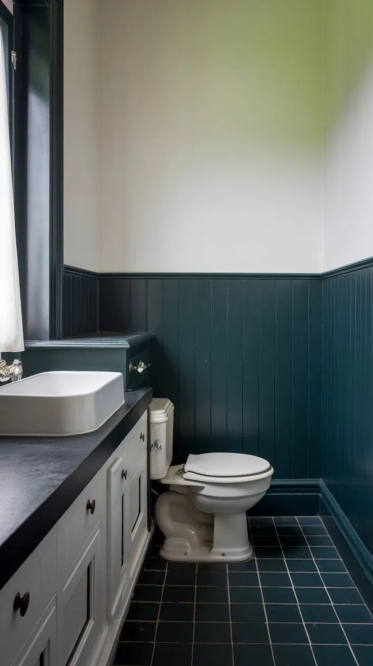 Indulge in the sophisticated serenity of this bathroom, where dark green wainscoting climbs the walls, creating a dramatic backdrop for the crisp white sink and fixtures. The dark countertop bathroom complements the rich green wainscoting, while the checkered floor adds a touch of playful contrast to this stunning dark green bathroom decor.