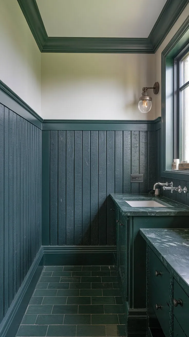 Indulge in the serene escape of this spa-like bathroom.  The rich, dark green wainscoting, extending to the ceiling, creates a captivating backdrop, complemented by the dark green bathroom decor and dark countertop bathroom.  The contrast with the crisp white upper walls and dark green tiles enhances the rustic charm.