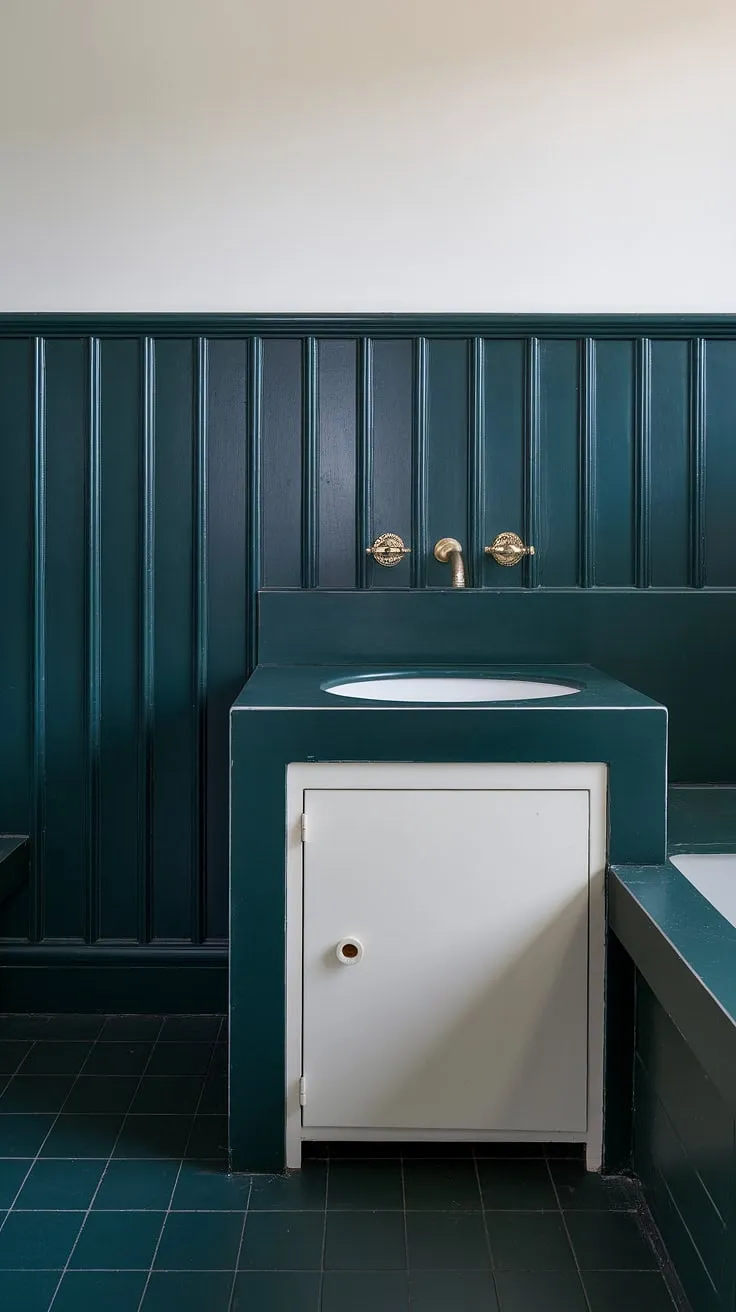 Submerged in serenity: This dark green bathroom decor, featuring dramatic dark green wainscoting and a dark countertop bathroom, creates a sophisticated and calming atmosphere. The rich tones are balanced by the crisp white sink and cabinetry, resulting in a space that's both luxurious and inviting.