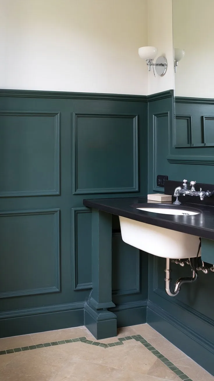 The deep jewel tones of the dark green wainscoting create a sophisticated and unexpected backdrop in this bathroom, perfectly complemented by the dark countertop and subtle green accents in the floor tiles.  The white upper walls keep the space feeling bright and airy, a testament to the power of dark green bathroom decor.