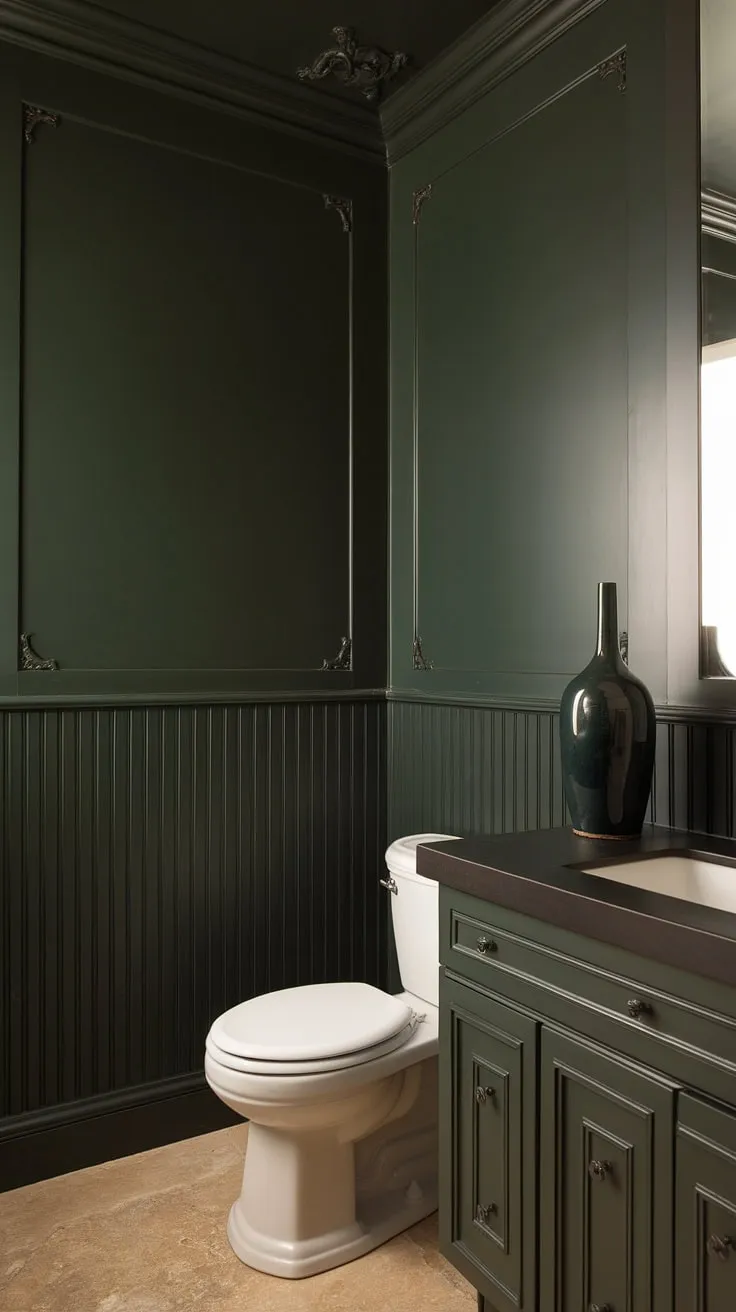 Indulge in the sophisticated serenity of this bathroom, where dark green wainscoting climbs the walls, creating a dramatic backdrop for the dark countertop and crisp white fixtures. The dark green bathroom decor, anchored by a statement vase, adds a touch of unexpected elegance.