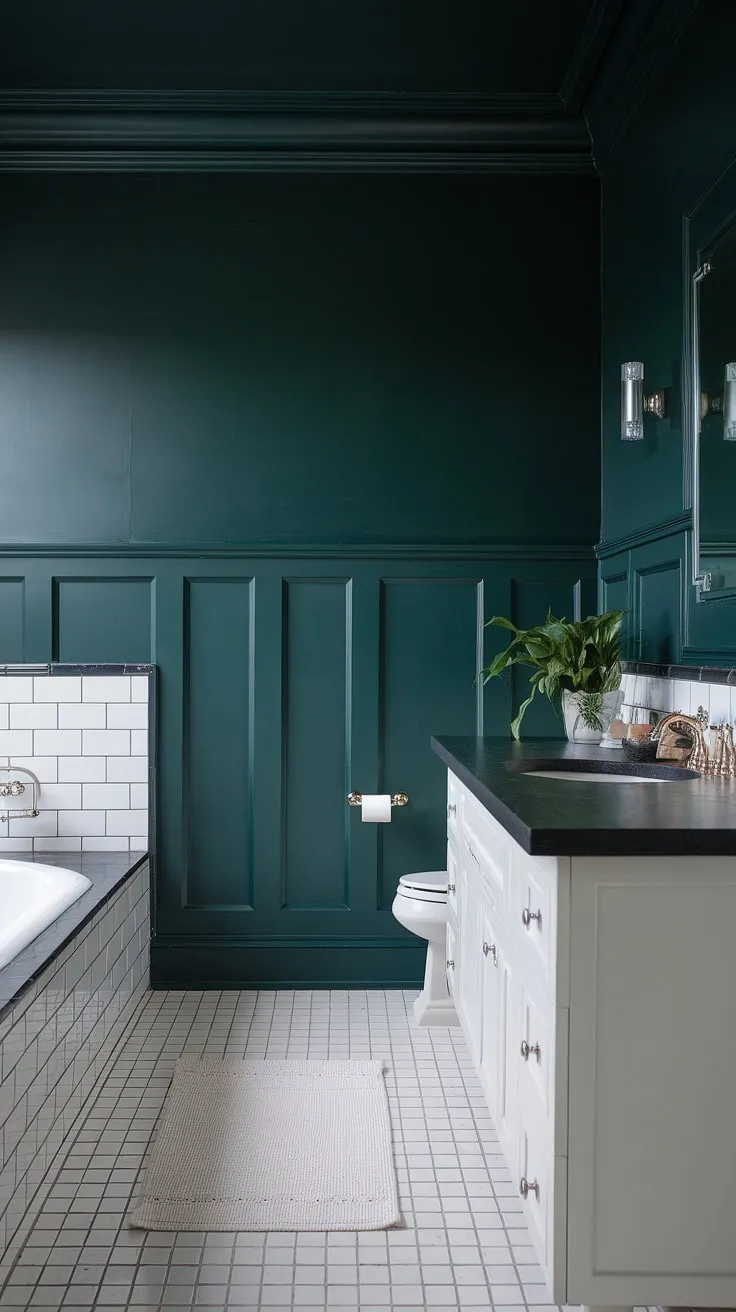 Indulge in the sophisticated serenity of this bathroom, where dark green wainscoting extends to the ceiling, creating a dramatic backdrop for the crisp white vanity and fixtures. The dark countertop bathroom complements the rich green wainscoting, while the white and green tiled floor adds a touch of playful contrast.  This dark green bathroom decor is the epitome of modern elegance.