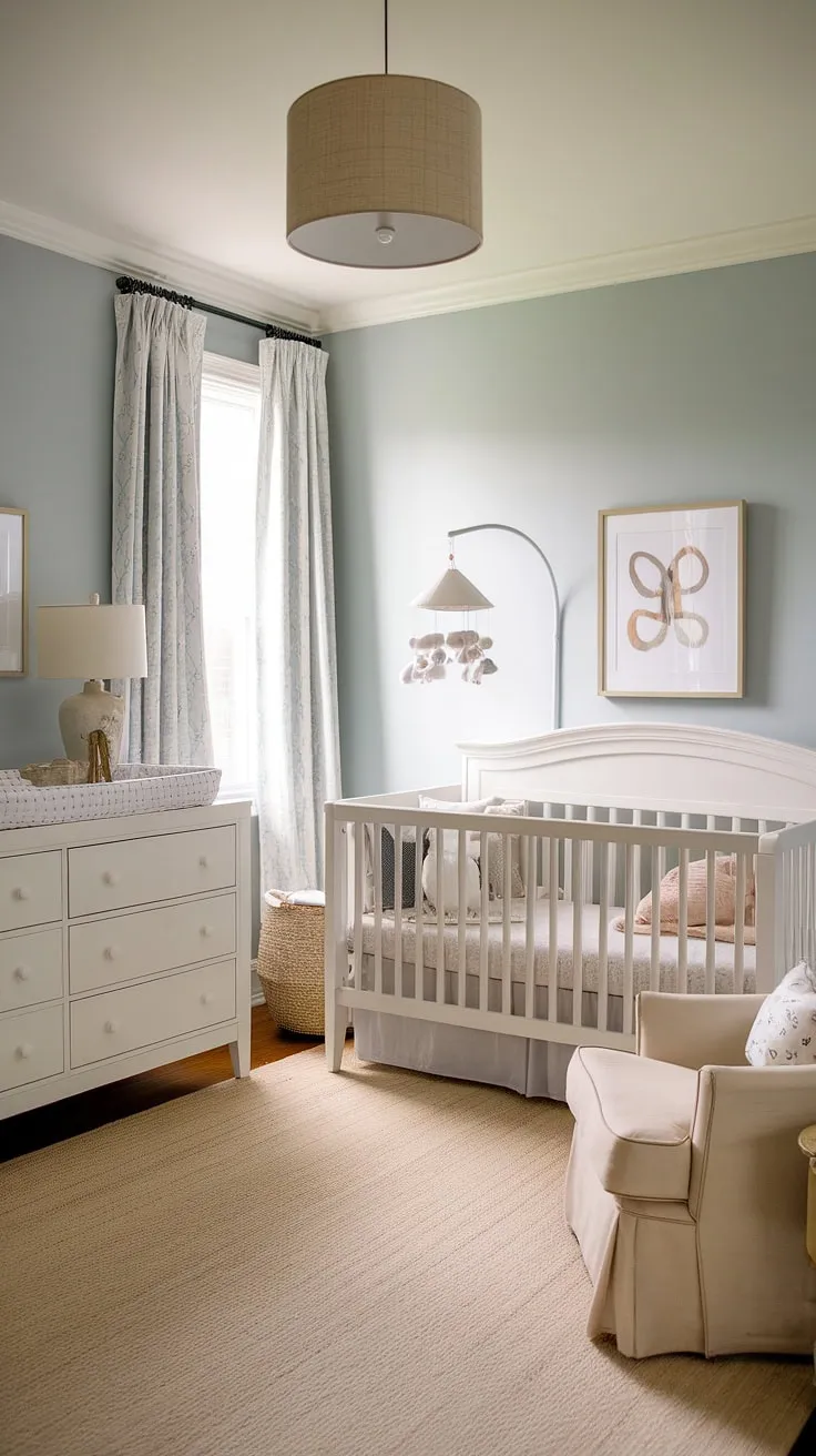 This nursery daybed room is the epitome of nursery room inspiration.  The calming light blue walls, paired with the white crib and nursery daybed, create a space that's both sophisticated and child-friendly.  Perfect for toddler bedrooms or as a versatile nursery guest room, this design offers a beautiful and functional solution for growing families.  A must-see for anyone seeking kids room inspiration.