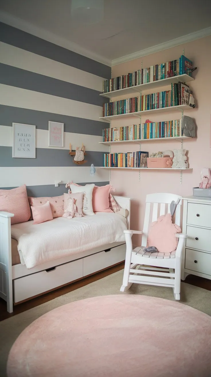 This nursery room design is the epitome of understated elegance.  The gray and white striped wall provides a charming backdrop for the white furniture and soft pink rug, creating a tranquil atmosphere ideal for a growing toddler. The nursery daybed is the perfect focal point, offering both a sleeping space and a playful area. This kids room inspiration showcases how a nursery guest room can be both stylish and practical, a dream come true for parents seeking nursery room inspiration.