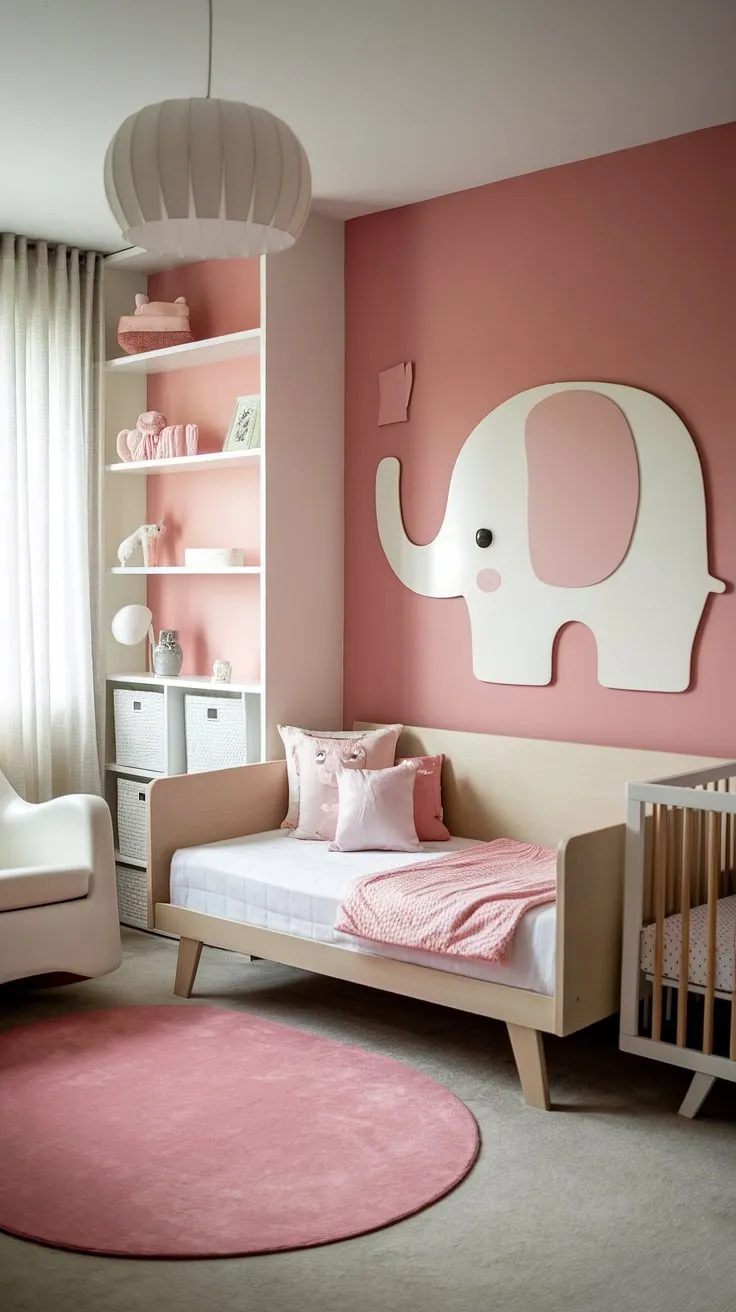 Dreamy and functional, this daybed nursery room offers the perfect blend of style and practicality.  The nursery daybed provides a cozy space for naps and playtime, while the thoughtful nursery room design ensures a serene environment for both baby and guests.  Perfect nursery guest room solution for toddler bedrooms, this space is brimming with kids room inspiration and nursery room inspiration.