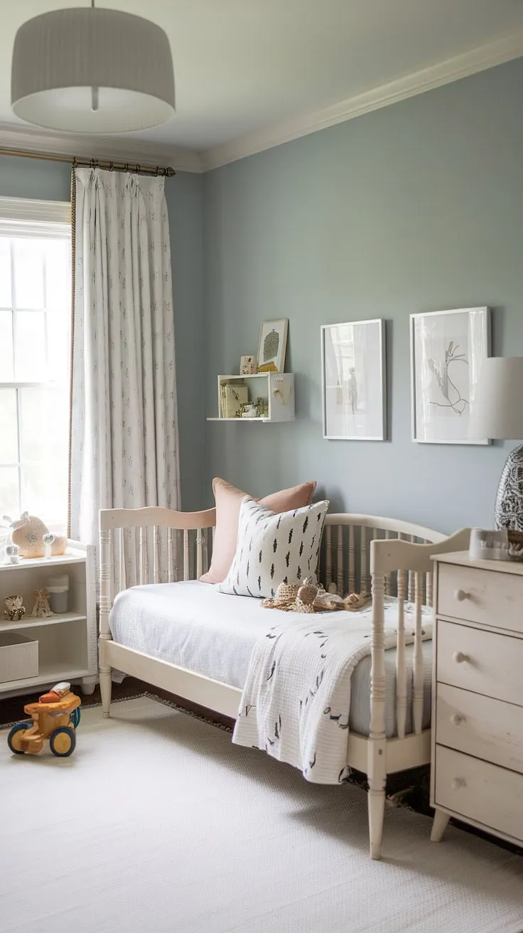 Drift off to dreamland in this serene daybed nursery room.  The perfect blend of style and functionality, this nursery daybed creates a charming space for naps and playtime, making it ideal for toddler bedrooms or even a cozy nursery guest room. This nursery room design offers plenty of kids room inspiration and nursery room inspiration for creating a haven of tranquility.