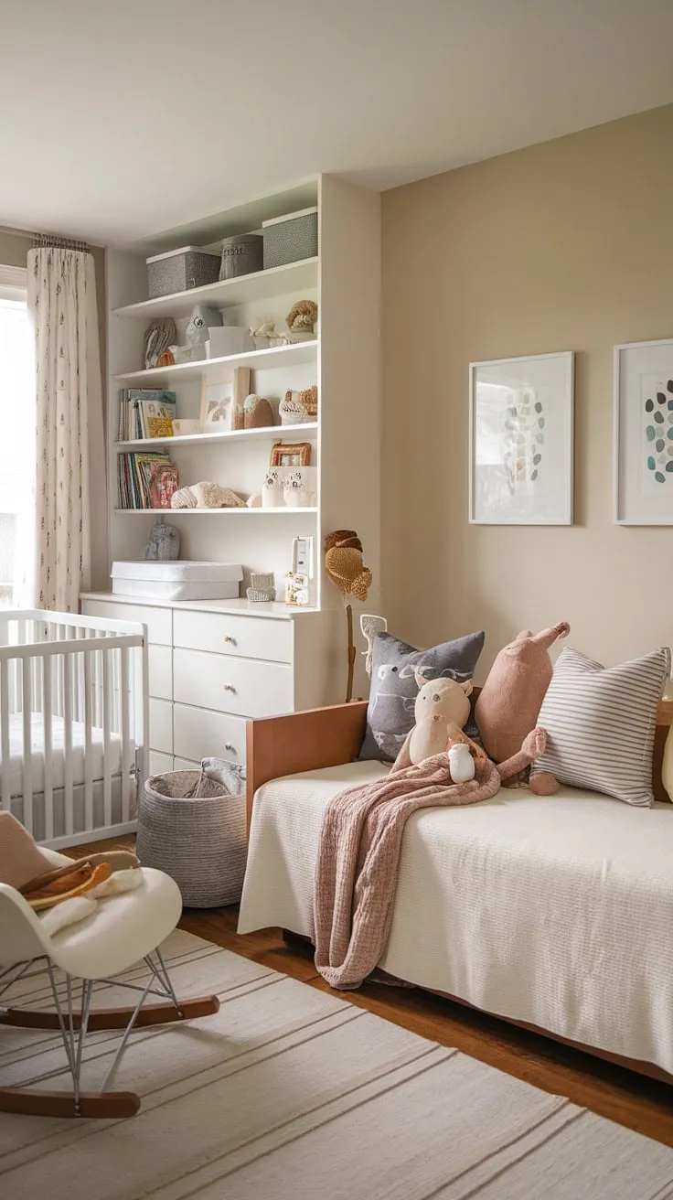 This dreamy daybed nursery room offers the perfect blend of style and functionality.  A versatile space for naps, playtime, and even overnight guests, this nursery guest room showcases clever nursery room design, making it ideal for toddler bedrooms and a fantastic source of kids room inspiration and nursery room inspiration.