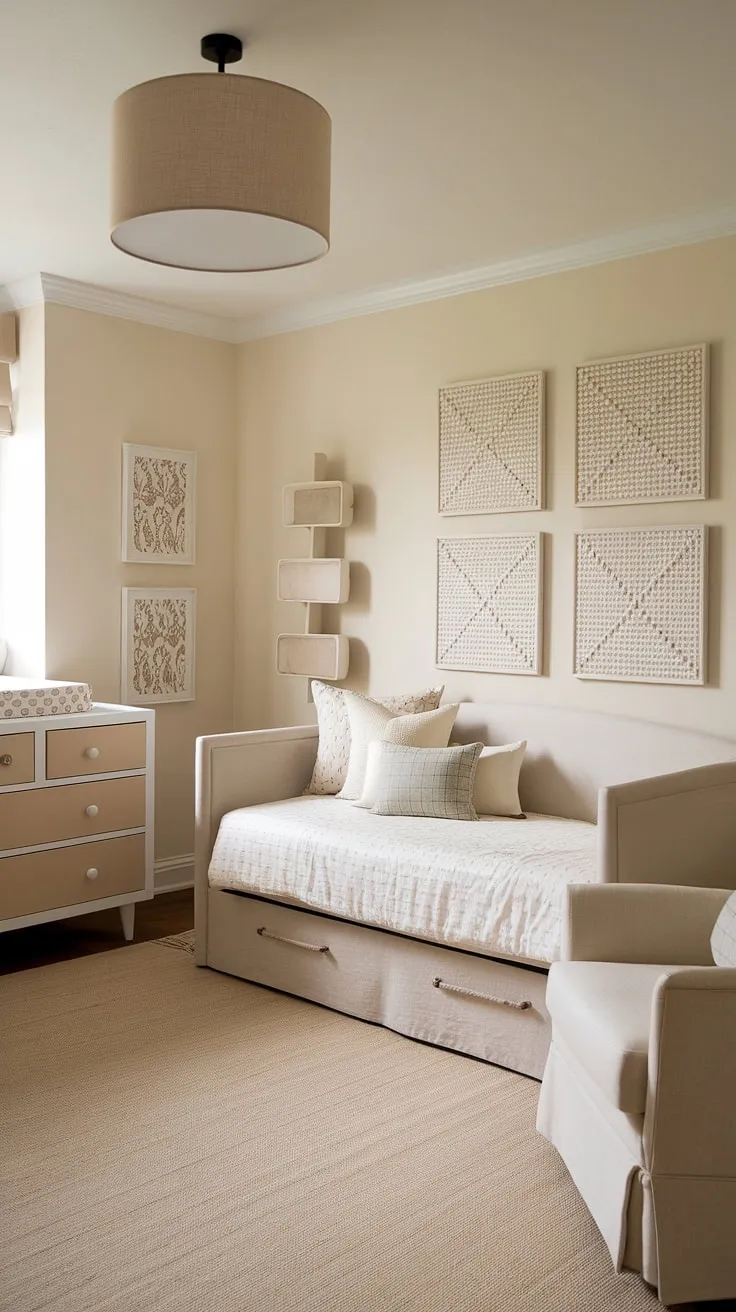 This serene daybed nursery room offers the perfect blend of style and functionality.  A calming beige and white palette creates a peaceful haven for naps and playtime, while pops of color add a touch of personality. Ideal as a nursery guest room, this design provides ample space for both baby and visitors, making it a truly versatile and inspiring space for toddler bedrooms.  It's the ultimate kids room inspiration, showcasing clever nursery room design and nursery room inspiration.