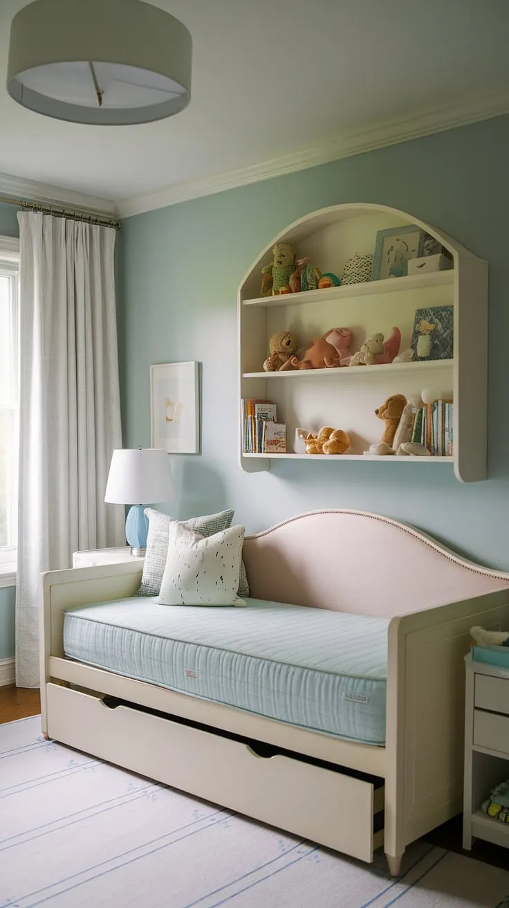 This serene daybed nursery room offers the perfect blend of style and functionality.  A charming nursery guest room, it's ideal for naps, playtime, and overnight guests. This nursery room design provides kids room inspiration and nursery room inspiration for creating a peaceful haven in toddler bedrooms.