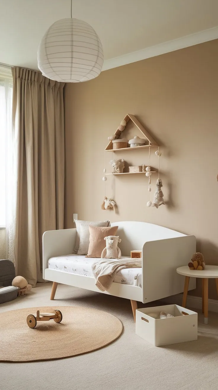 This serene daybed nursery room offers the perfect blend of style and functionality, ideal for naps, playtime, and overnight guests.  A clever nursery room design solution, it transforms this toddler bedrooms space into a versatile nursery guest room, providing ample inspiration for kids room inspiration and nursery room inspiration.