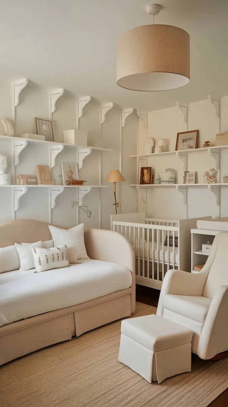 This nursery room design is the epitome of understated elegance. The nursery daybed, paired with a white crib and coordinating furniture, creates a tranquil space for your child.  Perfect for a nursery guest room, this setup offers flexibility for visiting family and friends, while remaining a stylish and functional toddler bedrooms solution.  Find your kids room inspiration and nursery room inspiration in this calming and beautifully designed space.