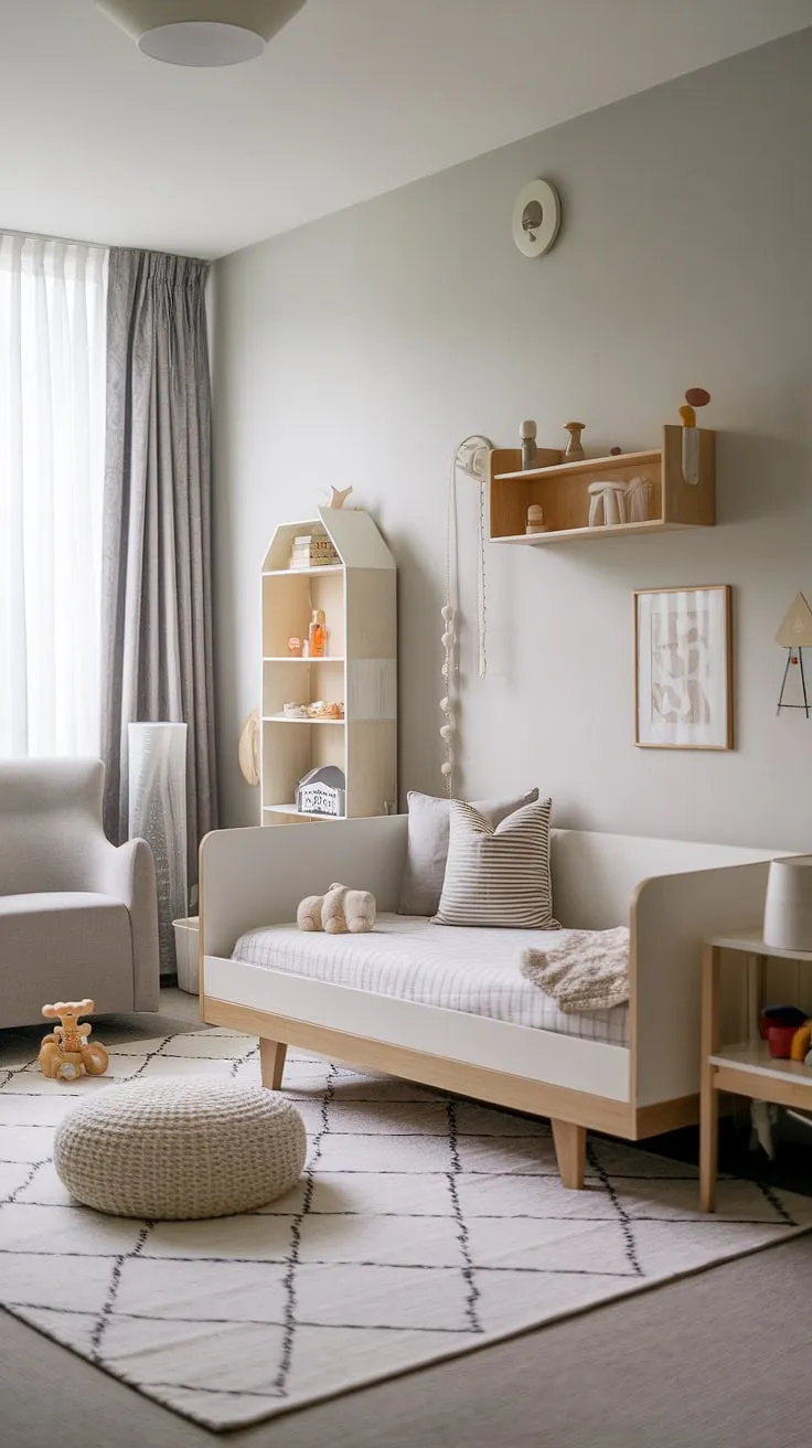 This serene daybed nursery room offers the perfect blend of style and functionality.  The white nursery daybed provides a cozy sleeping space, while the thoughtful nursery room design creates a calming atmosphere ideal for both naps and playtime.  A versatile space, it easily transitions from nursery guest room to a charming toddler bedrooms retreat. This kids room inspiration showcases how a minimalist approach can maximize comfort and create a truly inspiring nursery room inspiration.
