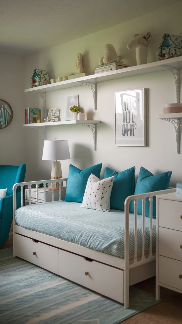 Serene and stylish, this daybed nursery room offers the perfect blend of comfort and charm.  The teal and white palette creates a calming atmosphere ideal for both playtime and peaceful slumber, making it a versatile space for toddler bedrooms and even a cozy nursery guest room. This nursery room design is brimming with kids room inspiration and nursery room inspiration, showcasing how a nursery daybed can be the heart of a beautiful and functional space.