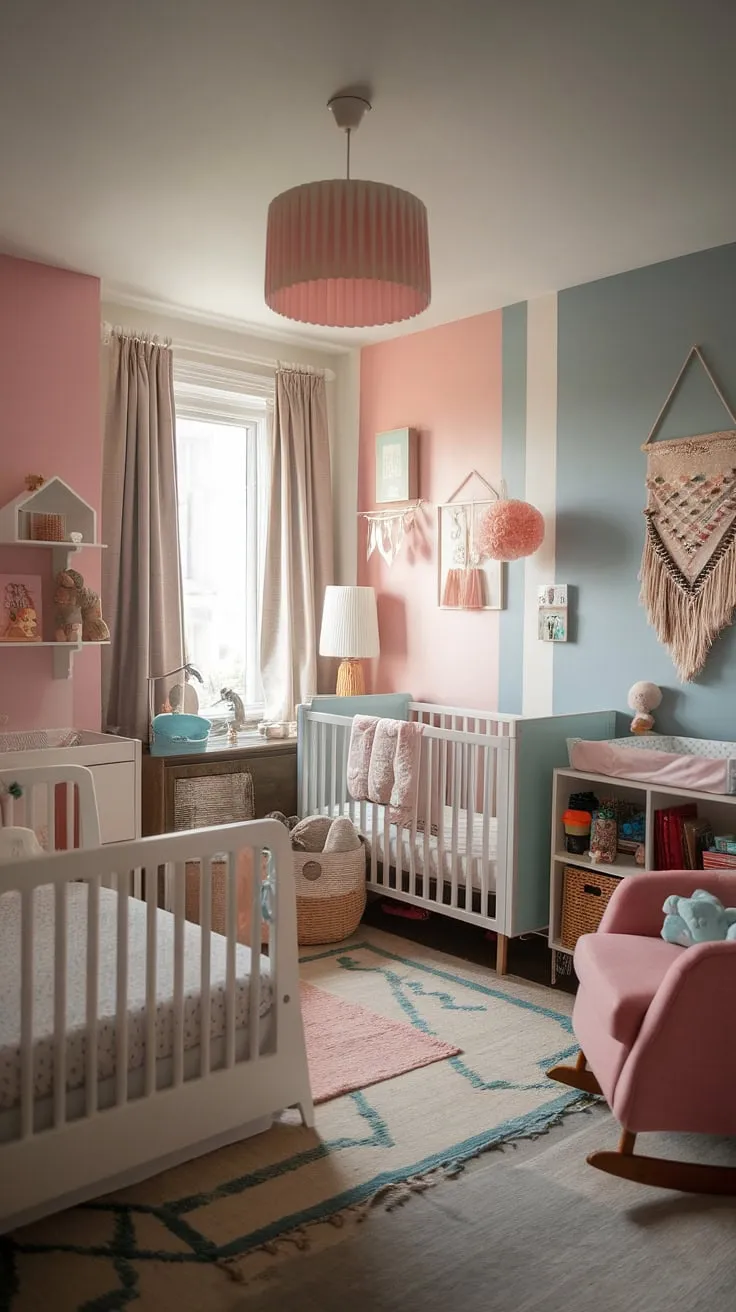 This nursery daybed creates a haven of calm in this beautifully designed nursery room.  The soft color palette and thoughtful details make it the ultimate kids room inspiration, a space where play and rest coexist harmoniously.  A perfect example of nursery room design for a growing family.