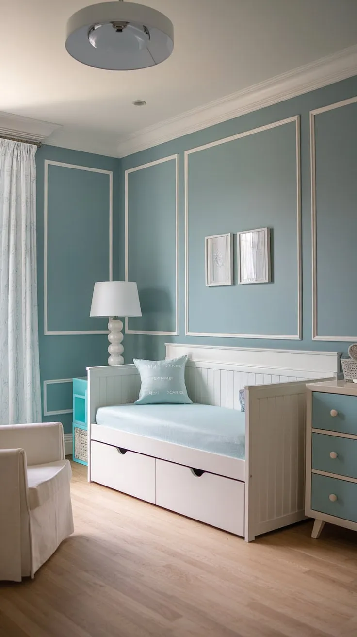 This airy daybed nursery room is the epitome of nursery room inspiration. The nursery daybed provides a charming focal point, while the light blue and white palette creates a peaceful atmosphere perfect for toddler bedrooms.  Consider this design for your own nursery guest room—a space that's both beautiful and practical, offering a blend of style and functionality for kids room inspiration.