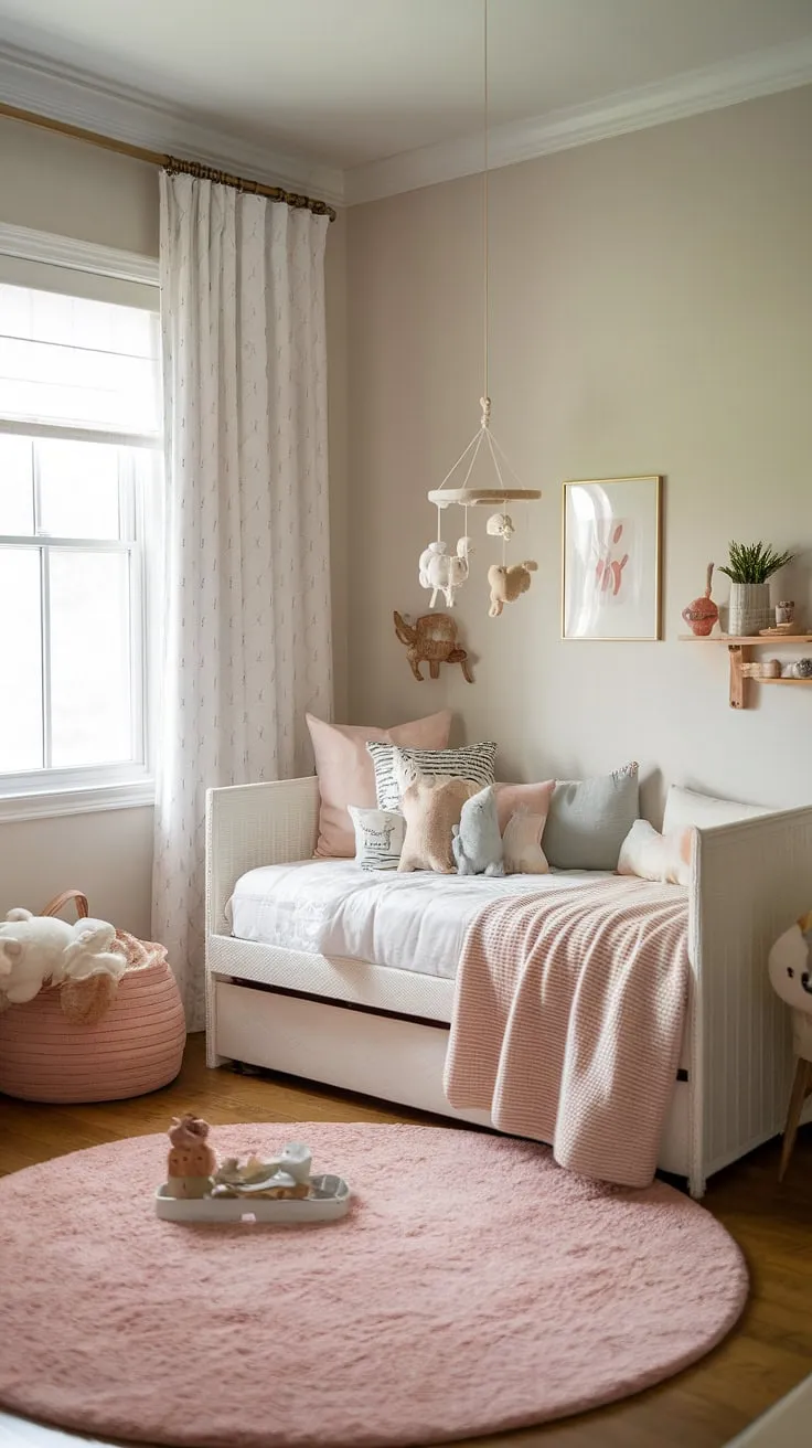 This nursery daybed creates a haven of calm in this beautifully designed nursery room.  Soft hues and thoughtful details transform this space into a dreamy retreat, perfect for toddlers and a wonderful addition to your nursery room design.  Find endless kids room inspiration and nursery room inspiration in this charming nursery guest room setup.