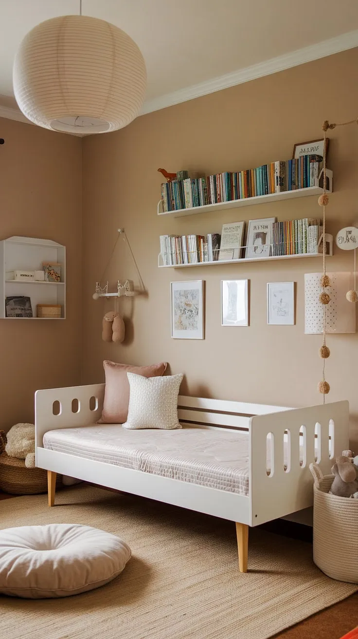 Dreamy nursery room inspiration found in this beautifully designed space.  The nursery daybed creates a cozy reading nook and a practical solution for a nursery guest room, perfect for toddler bedrooms. This nursery room design is a testament to thoughtful planning and calming aesthetics, offering a wealth of kids room inspiration.