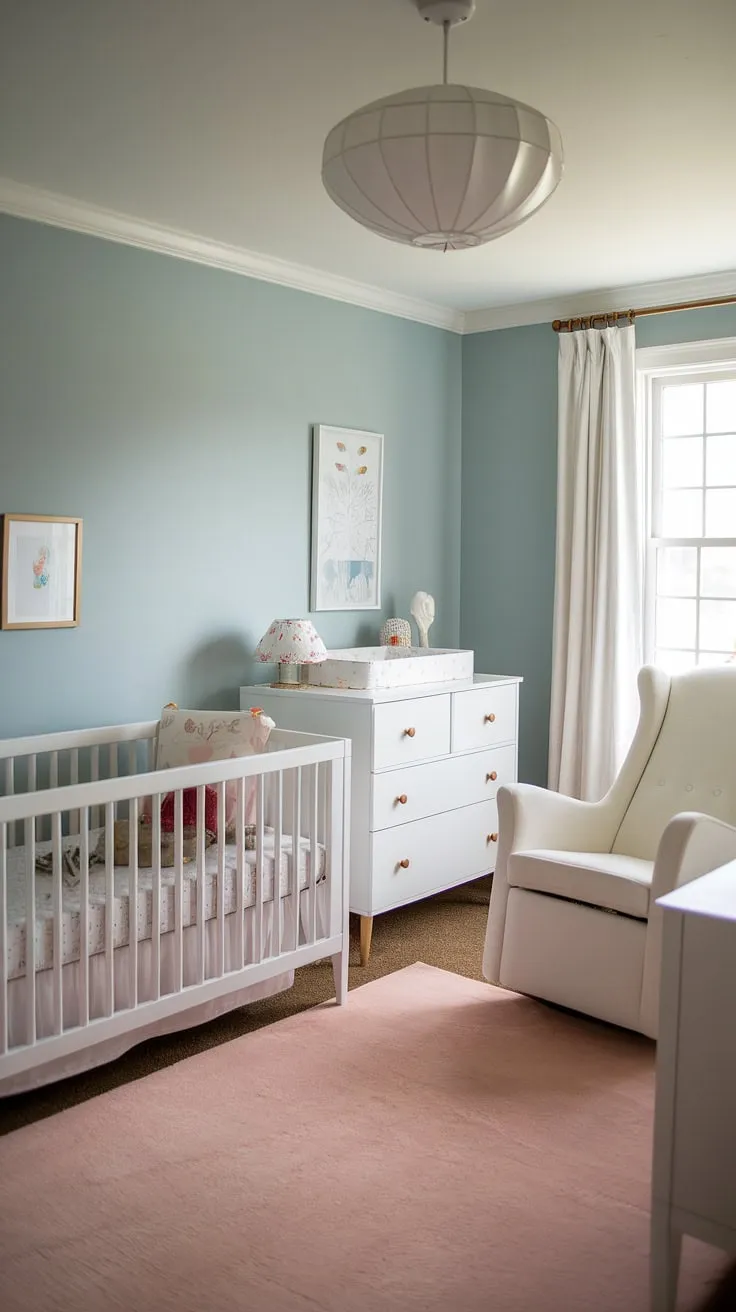 Serene and stylish, this daybed nursery room offers the perfect blend of comfort and practicality.  The nursery daybed provides a cozy space for naps and playtime, while the crisp white furniture and light blue walls create a calming atmosphere ideal for both baby and guests. This nursery guest room design is perfect for toddler bedrooms, offering a space that grows with your little one.  A true source of kids room inspiration and nursery room inspiration.