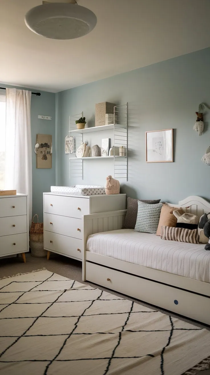 This serene daybed nursery room offers the perfect blend of style and functionality.  The white furniture set creates a bright and airy space, ideal for both playtime and peaceful naps.  A clever nursery room design, it easily transitions into a charming nursery guest room as your little one grows, providing a comfortable space for overnight visitors. This kids room inspiration is perfect for toddler bedrooms, offering a touch of elegance and practicality.