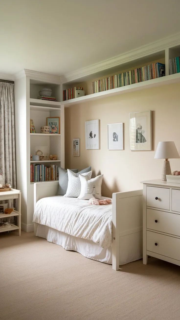 This dreamy nursery daybed room is the epitome of nursery room inspiration.  The white daybed, chest of drawers, and bookshelf create a clean and airy feel, perfect for a toddler's bedroom or a stylish nursery guest room.  The soft lighting and beige carpet add warmth to this beautiful nursery room design, offering a wealth of kids room inspiration for parents seeking a calming and functional space.