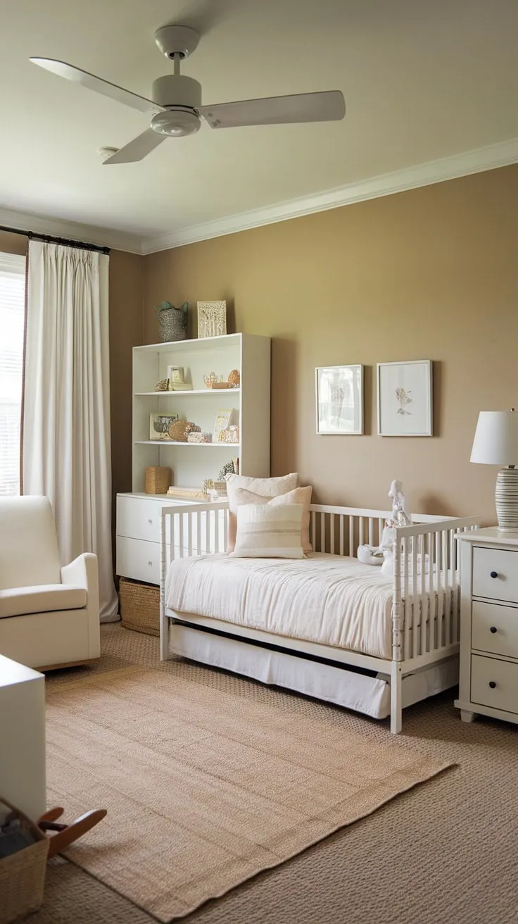 This serene daybed nursery room offers the perfect blend of style and functionality, ideal for both baby and guest.  The nursery room design effortlessly transitions into a toddler bedrooms haven, providing ample space for play and rest.  A true kids room inspiration, showcasing a calming nursery room inspiration.