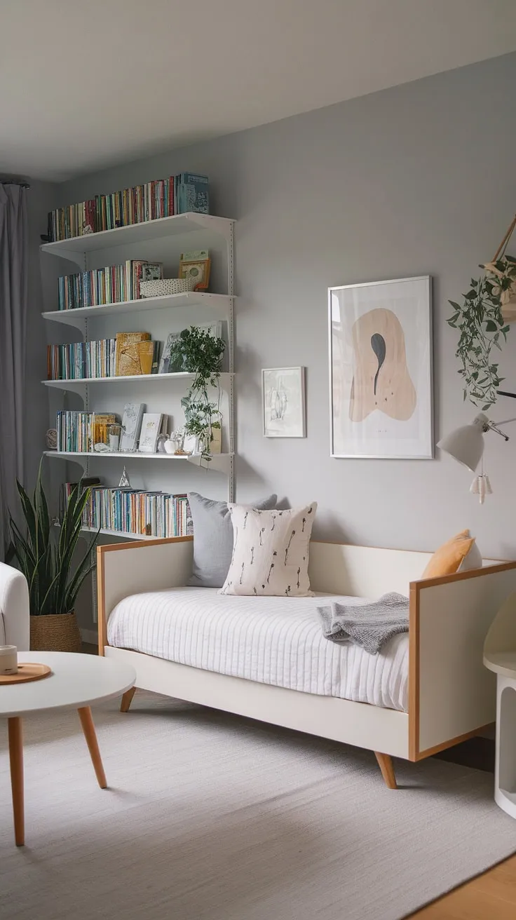 This serene daybed nursery room offers the perfect blend of style and functionality.  The white nursery daybed provides a cozy sleeping space, while the built-in bookshelf and surrounding furniture create a calming nursery room design ideal for both playtime and peaceful rest.  A perfect nursery guest room, this space is also brimming with kids room inspiration and nursery room inspiration for toddler bedrooms.