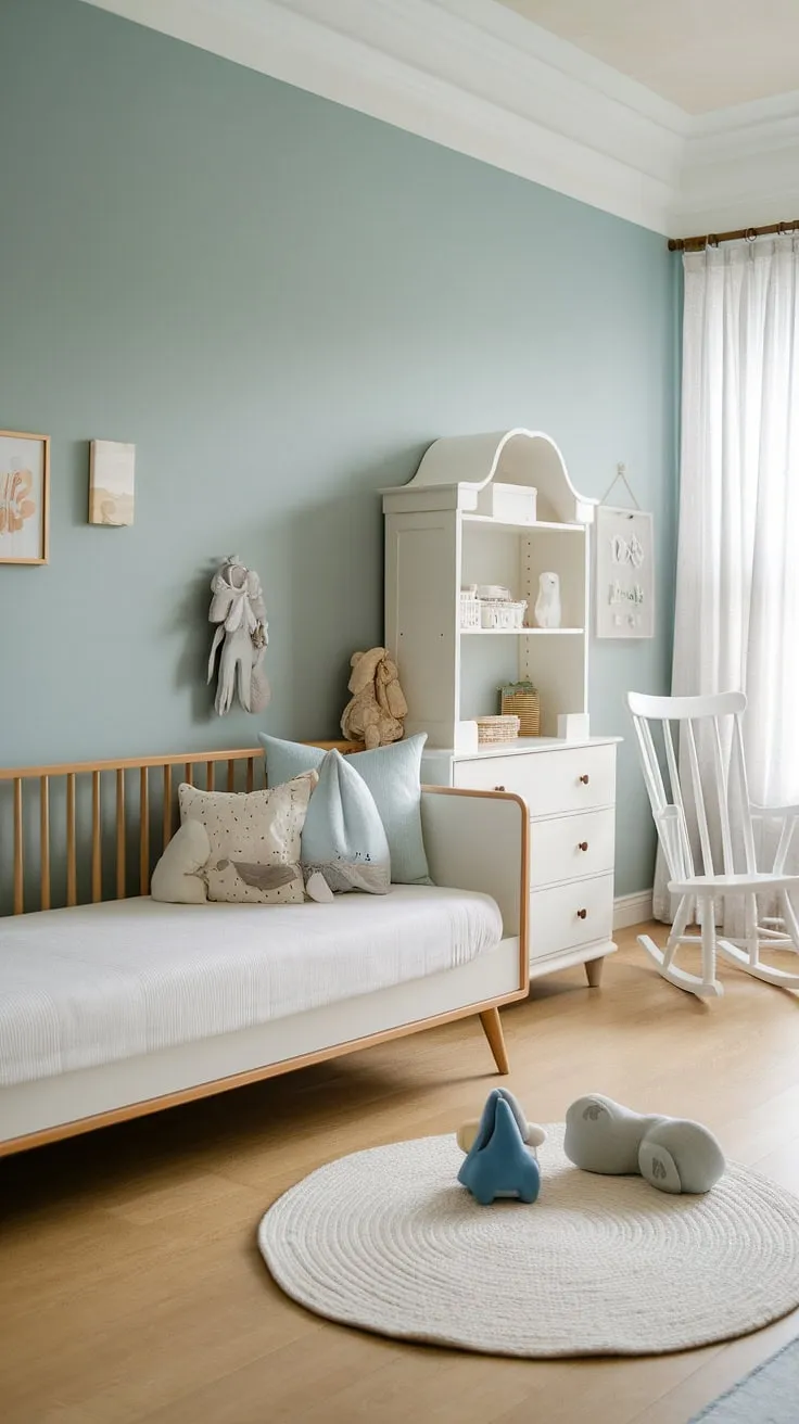 Serene and stylish, this daybed nursery room offers the perfect blend of functionality and charm.  The white furniture creates a bright and airy space, ideal for both playtime and peaceful slumber.  A clever nursery room design solution, this setup easily transitions from nursery guest room to toddler bedrooms as your little one grows.  Plenty of kids room inspiration here for creating a calming and beautiful space.