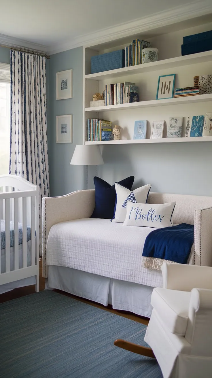 Dreamy blues and crisp whites create a haven of tranquility in this nursery daybed room.  This nursery room design cleverly incorporates a daybed, transforming the space into a versatile nursery guest room, perfect for overnight visitors or a growing toddler.  The thoughtful layout and calming color scheme offer plenty of kids room inspiration, making it a truly inspiring nursery room inspiration for parents seeking a stylish and functional toddler bedrooms setup.