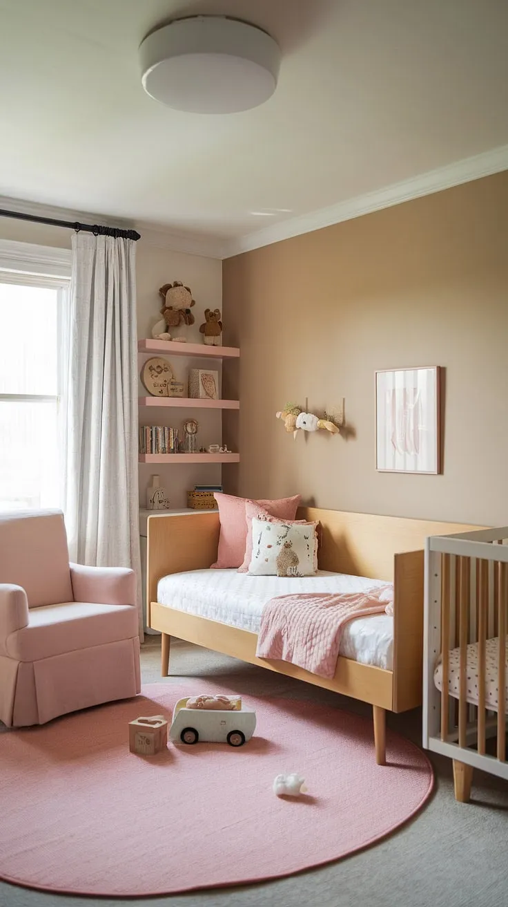 This nursery room inspiration showcases the perfect blend of style and functionality.  A charming daybed nursery room, ideal as a nursery guest room, offers a space for both naps and playtime.  The clever use of a nursery daybed makes this toddler bedrooms design both practical and aesthetically pleasing, offering a space that grows with your little one.