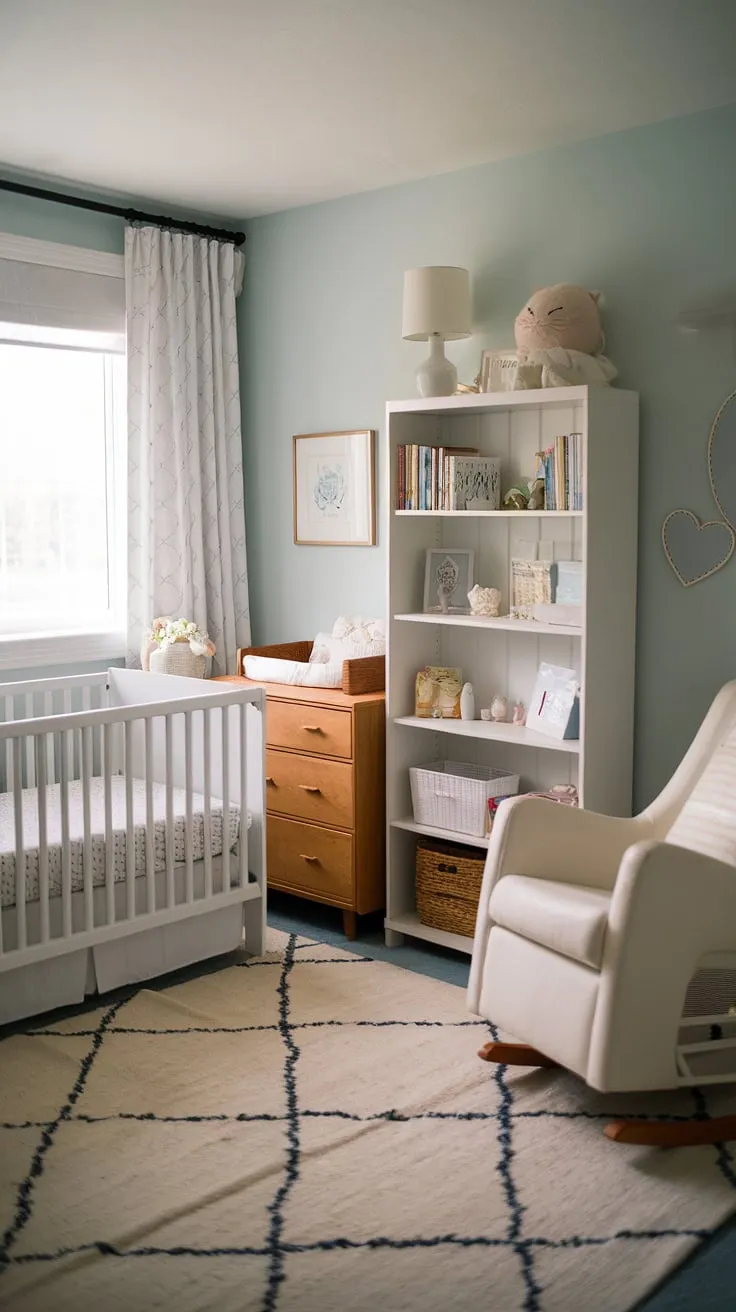 This serene daybed nursery room offers the perfect blend of style and functionality, ideal for naps, playtime, and overnight guests.  A clever nursery room design, it seamlessly transitions from nursery guest room to toddler bedrooms as your little one grows, providing endless kids room inspiration and nursery room inspiration.
