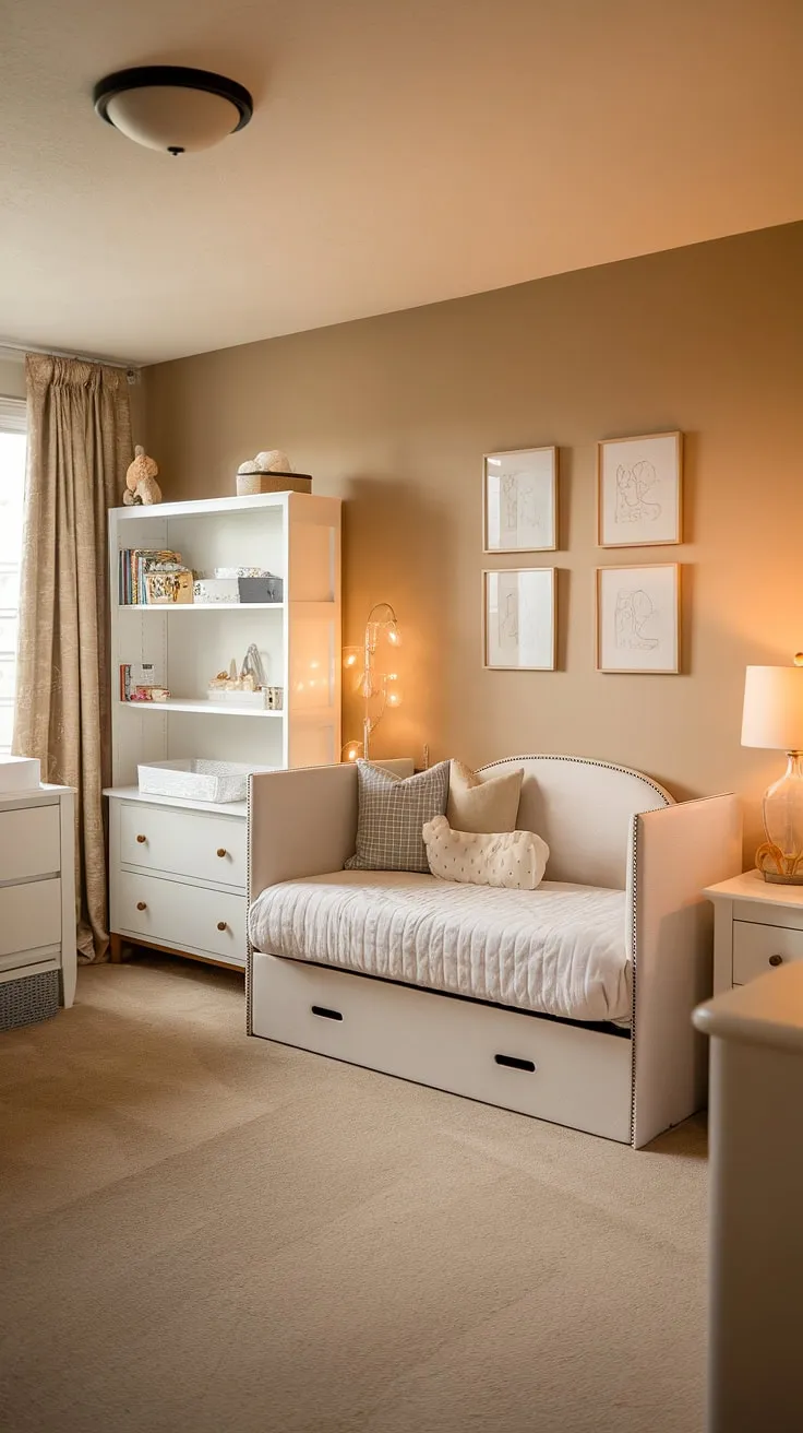 This serene daybed nursery room offers the perfect blend of style and functionality.  The neutral palette and thoughtful nursery room design create a calming space ideal for both naps and playtime, making it a versatile nursery guest room or a charming addition to toddler bedrooms.  A true source of kids room inspiration and nursery room inspiration.