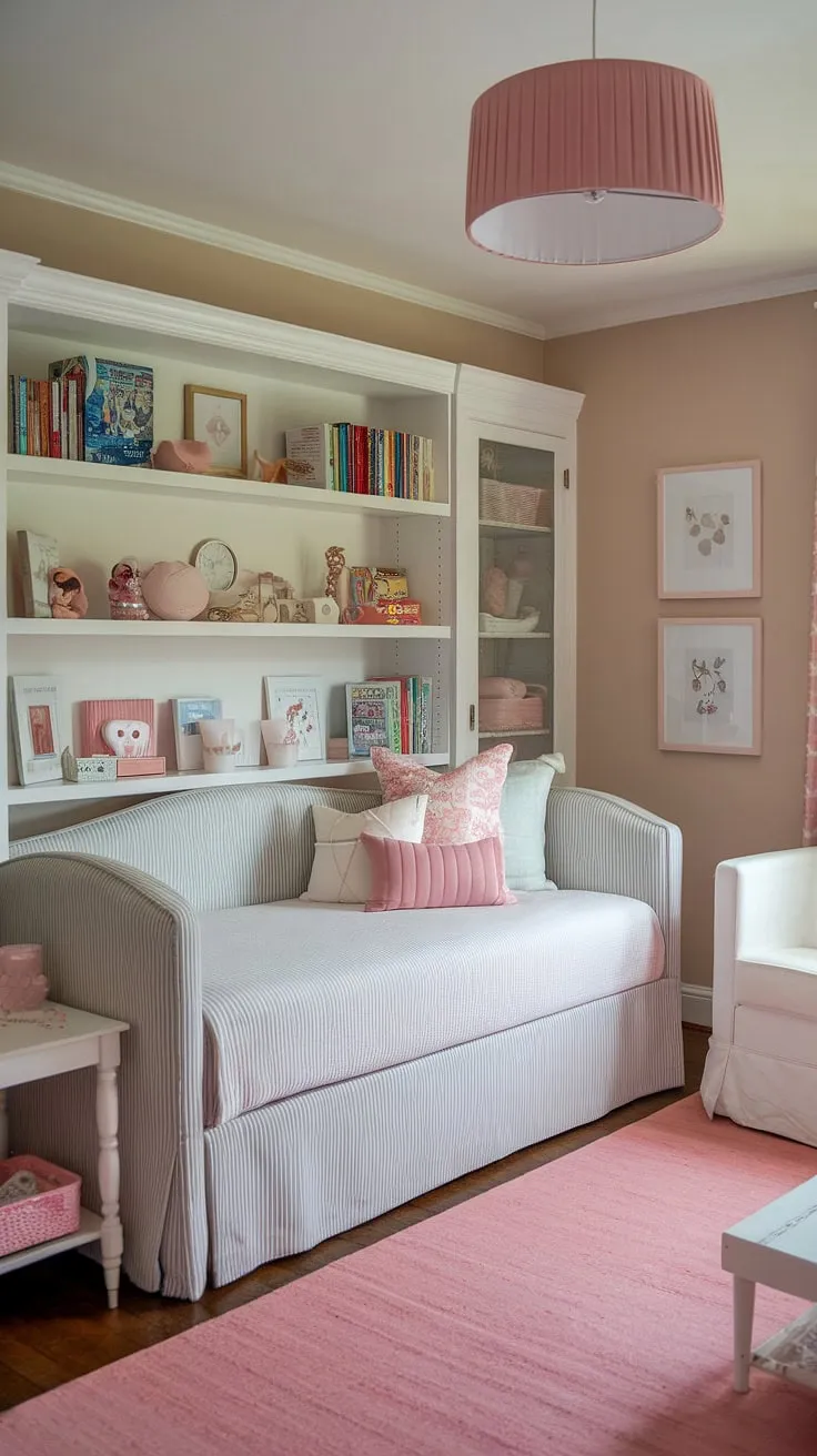 This charming daybed nursery room offers a stylish and practical solution for toddler bedrooms. The nursery daybed provides a comfortable sleeping space, while the surrounding nursery room design creates a calming atmosphere.  From the pink rug to the white bookshelf, every detail contributes to this inspiring kids room inspiration and nursery guest room.  Find your own inspiration for creating a peaceful and playful nursery room.