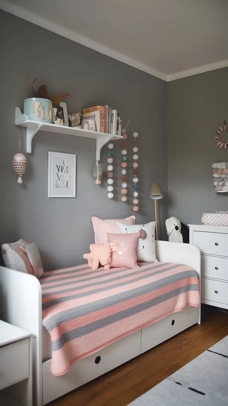 This nursery guest room boasts a charming daybed, creating a cozy haven for little ones and overnight visitors alike. The simple yet elegant nursery room design, featuring a grey wall and white accents, provides a tranquil atmosphere.  Find your nursery room inspiration and toddler bedrooms ideas here; this daybed nursery room is the perfect blend of style and practicality.
