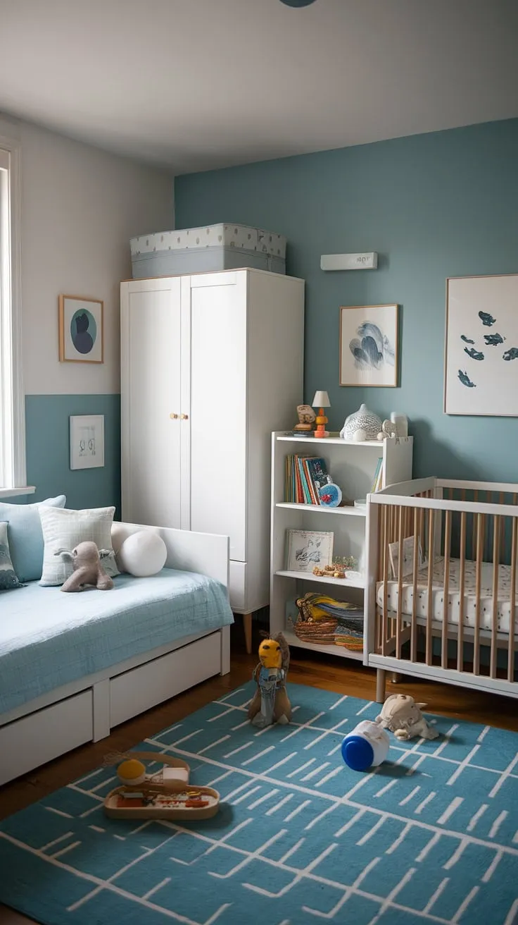 This nursery room design effortlessly combines practicality and charm. The daybed nursery room provides a versatile sleeping solution, perfect for overnight guests or a cozy spot for reading.  The light and airy feel, achieved with a blue and white color scheme, makes it a truly inspiring space for toddler bedrooms.  Find your kids room inspiration in this beautiful nursery room inspiration, showcasing the clever use of a nursery daybed in a functional and aesthetically pleasing nursery guest room.