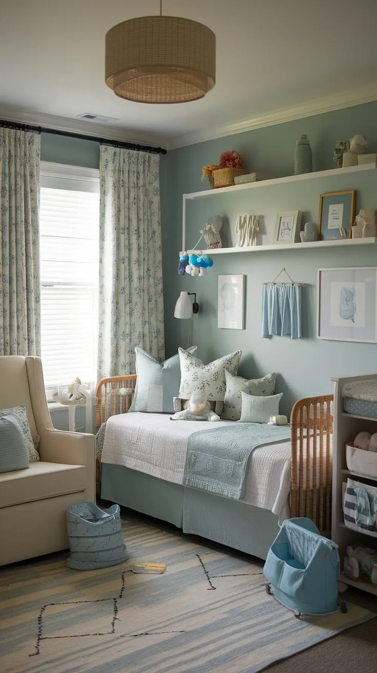 Serene blues and greens create a haven of calm in this versatile nursery room design.  The daybed nursery room offers a perfect space for naps and overnight guests, while the nursery daybed provides a cozy spot for baby.  This nursery guest room easily transitions into a toddler bedroom, with thoughtful touches like a mobile and bumper pad adding to the kids room inspiration.  From the crib sheet to the diaper stacker, every detail reflects thoughtful nursery room inspiration.