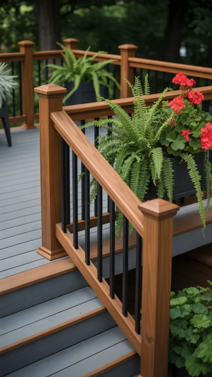 Warm Wooden Handrails Grace a Sunlit Gray Composite Deck with Lush Planters