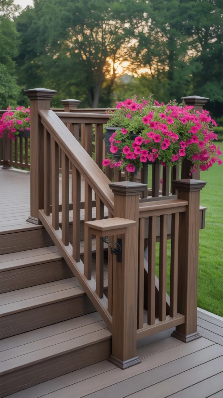 Golden Afternoon on a Custom‑Stained Deck with Cascading Pink Petunias