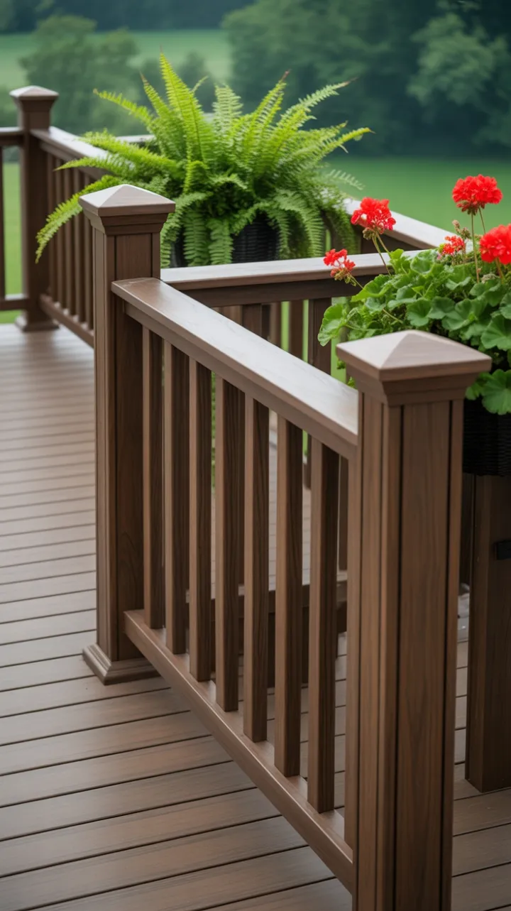 Sunlit Deck with Curved Wood-Stained Railing and Blooming Planters