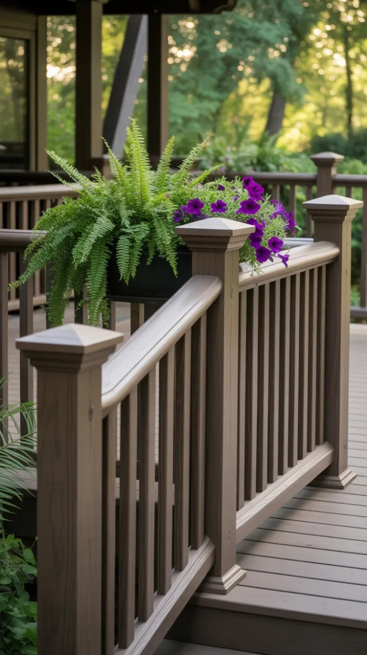 Sunlit Composite Deck with Curved Handrail and Cascading Petunias