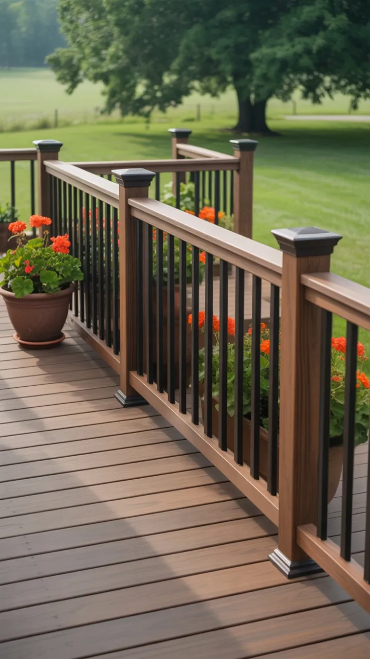 Warm Evenings on a Sleek Dark Composite Deck Framed by Blooming Geraniums
