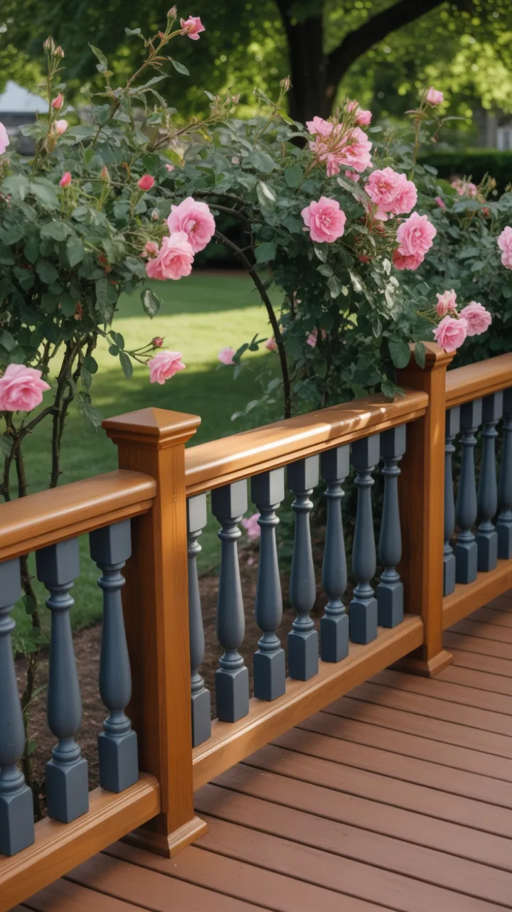 Sunlit Honey-Toned Railing Framed by Cascading Pink Roses