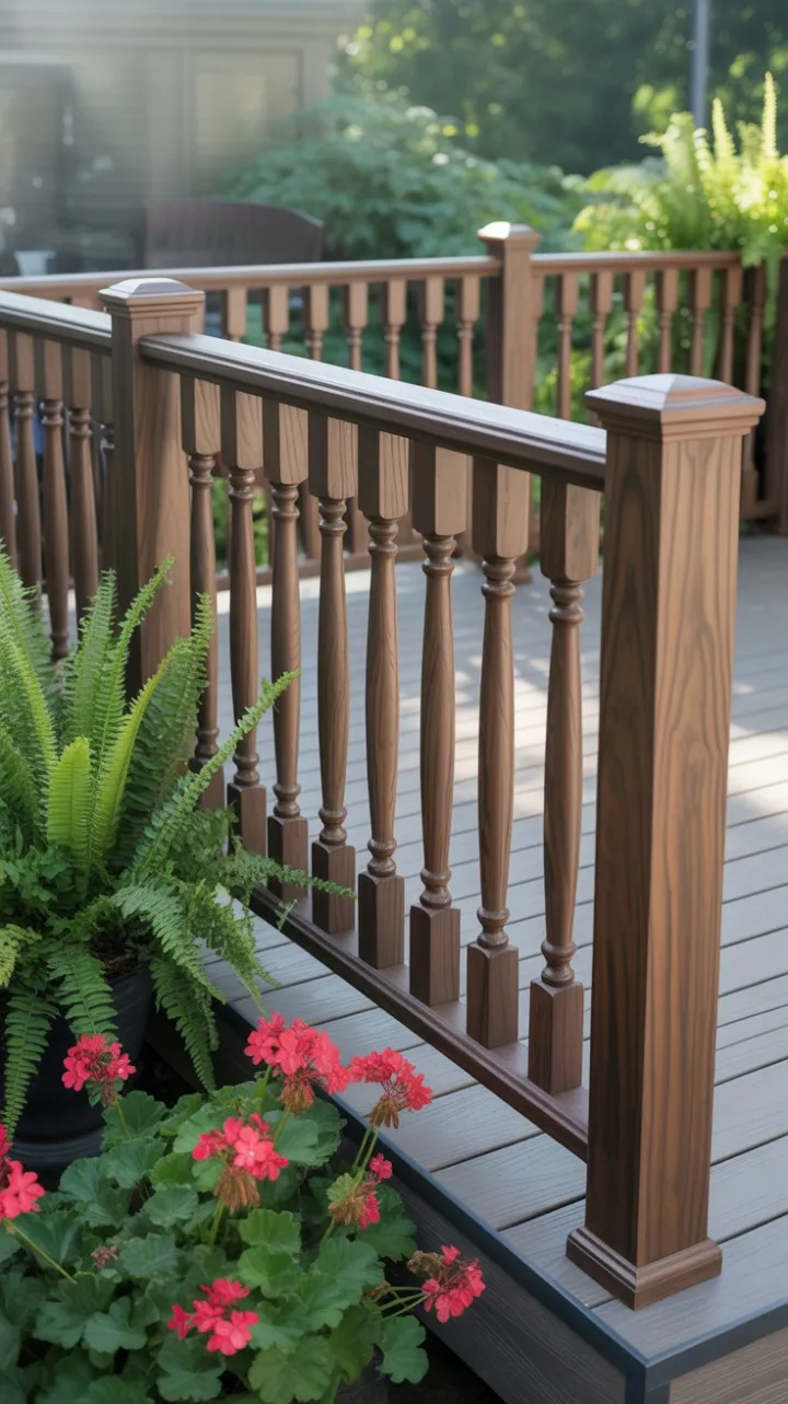 Sunlit Deck with Walnut Balusters, Dark Composite Panels, and Blooming Geraniums