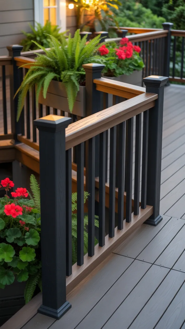 Sleek Dark Composite Deck Bathed in Warm Sunlight with Lush Ferns and Geraniums