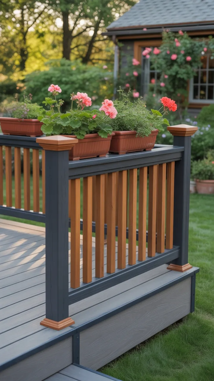 Sunlit Modern Deck with Dark Gray Rails, Cedar Balusters, and Blooming Geraniums