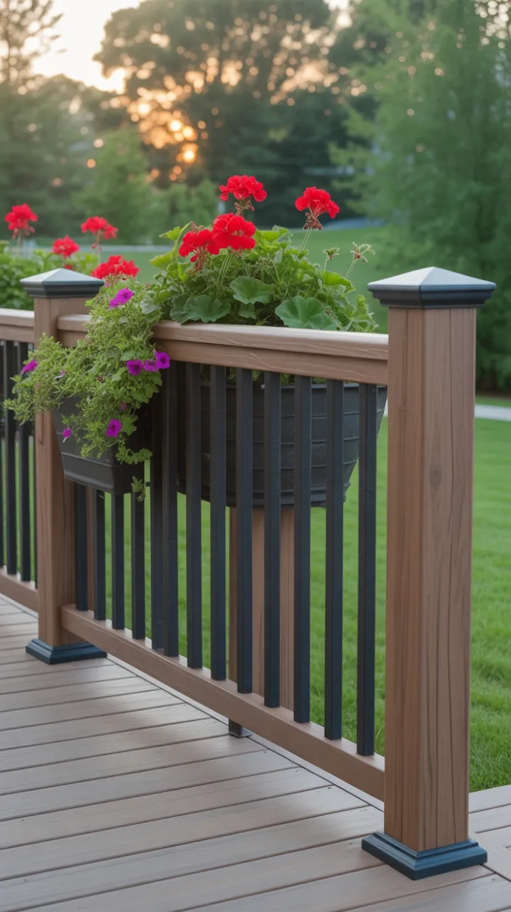 Sunlit Deck Retreat with Curved Handrail and Blossoming Geraniums