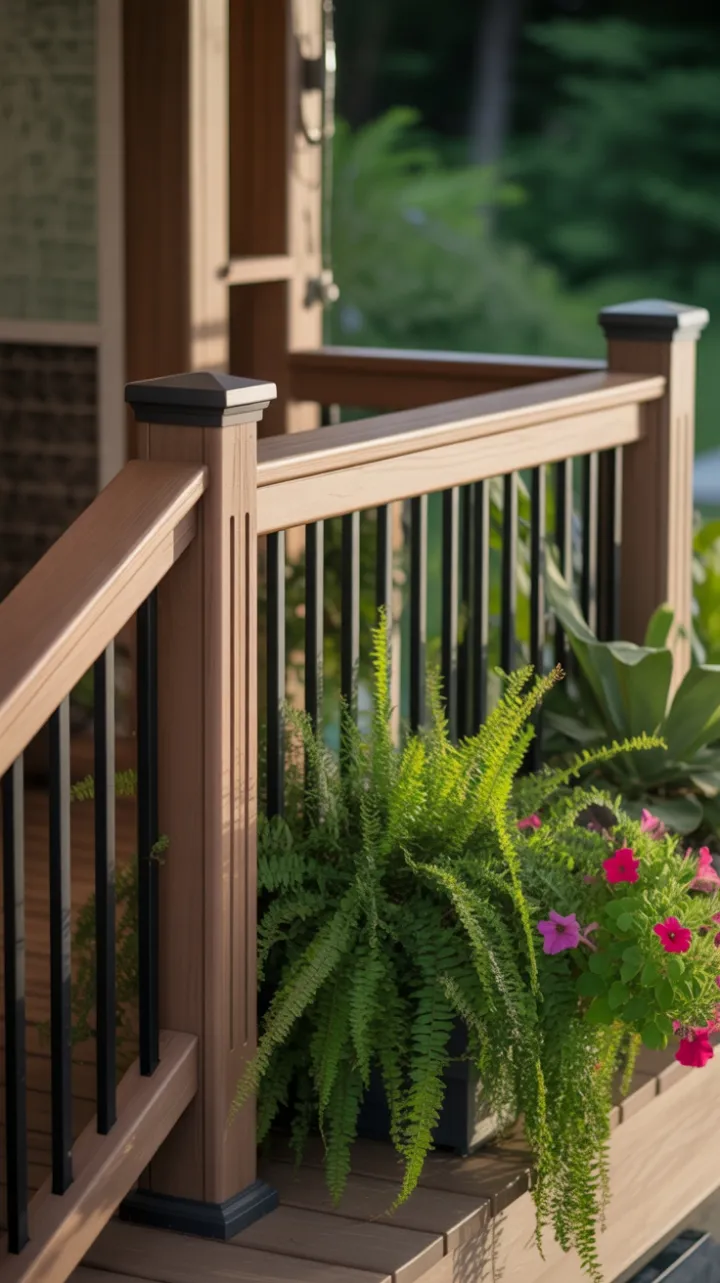 Sunlit Modern Deck with Wood-Stained Railing and Cascading Ferns