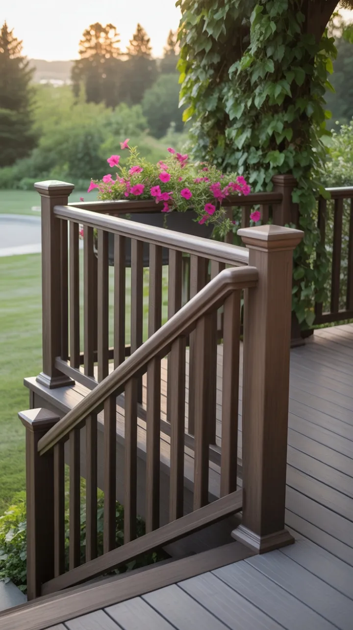 Twilight on a Dark-Wood Deck Draped in Ivy and Petunias