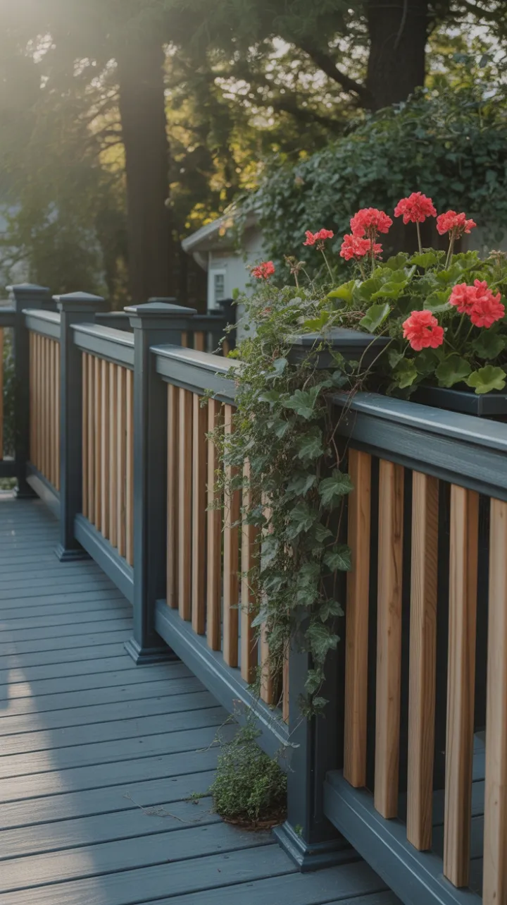 Sunlit Modern Deck with Wood Balusters, Sleek Panels and Cascading Geraniums