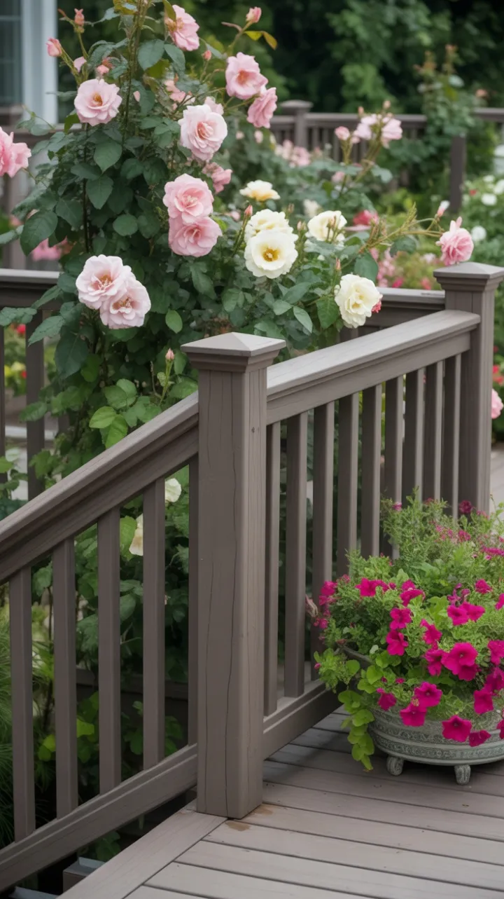 Elegant Dark-Railed Deck Draped in Roses and Warm Sunlight