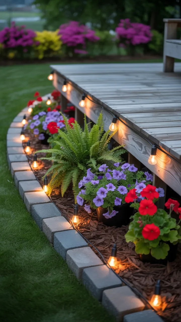Cozy Reclaimed-Wood Deck Framed by Lush Petunias, Geraniums, and Warm String Lights